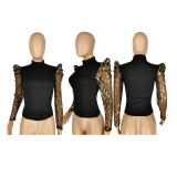 Plus Size Mesh Sequin Splicing Long Sleeve Top YIS-A841