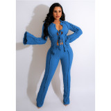 Casual Solid Flare Sleeve Tie-UpTop 2 Piece Pants Set GCNF-0199