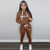 Plush Letter Print Drawstring Hoodies Two Piece Pants Set TK-6261