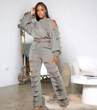 Fashion Solid Holes Long Sleeve Pant Two Piece Set QY-5280