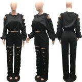 Fashion Solid Holes Long Sleeve Pant Two Piece Set QY-5280