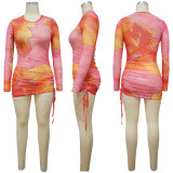 Tie Dye Printed Round Neck Drawstring Dress YF-9986