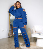 Fashion Solid Holes Long Sleeve Pant Two Piece Set QY-5280