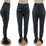 Solid Color Ruched PU Leather Pants FNN-8692