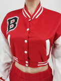 Letter Print Color Block Splicing Baseball Casual Sports Two Piece Set WSYF-59150