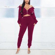 Velvet Solid Color Zipper Pocket Tops And Pant Two Piece Set TE-4489