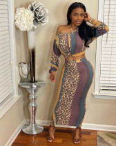 Leopard Stripe Print Slash Shoulder Straight Long Skirts 2 Piece Set APLF-1008