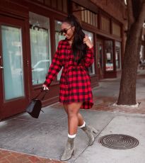 Plaid Print Single Breasted Shirt Dress (with waist belt)LSL-6325