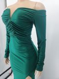 Solid Color Off Shoulder Logn Sleeve Maxi Dress AIL-228