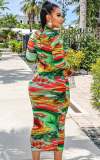 Tie Dye Print Long Sleeve Slim Long Dress BYMF-60835