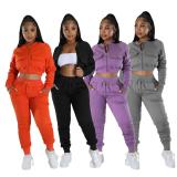 Casual Sports Solid Crop Coat And Pants 2 Piece Set GYLY-9895 
