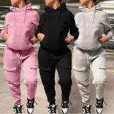 Casual Solid Color Hooded Sweatshirt Sports Two Piece Pants Set WAF-77515