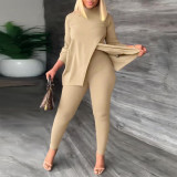 Plus Size Fashion Solid Color Split Tops And Tight Pant Two Piece Set NY-2595