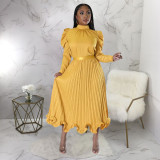 Fashion Puff Sleeve Pullover Ruffles Ruched Skirts Two Piece Set YF-10322
