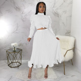 Fashion Puff Sleeve Pullover Ruffles Ruched Skirts Two Piece Set YF-10322