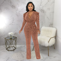 Fashion Knits Puff Sleeve V Neck Jumpsuit YF-10330