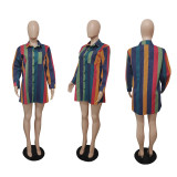 Multicolor Color Stripe Print Long Sleeve Shirt Dress BDF-7019