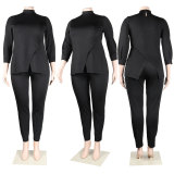 Plus Size Fashion Solid Color Split Tops And Tight Pant Two Piece Set NY-2595