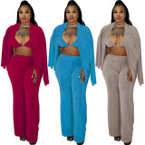 Sexy Solid Color Bra+Cardigan Coat+Loose Pant 3 Piece Set MXDF-6119