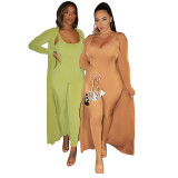 Casual Solid Color Jumpsuits And Long Coat Two Piece Set YF-9729