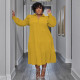 Plus Size Ruffles Shoulder Long Sleeve Bib Swing Dress NNWF-7744