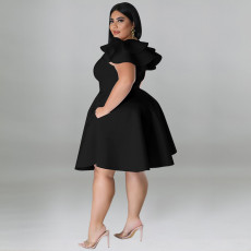 Plus Size Fashion Ruffle Solid Dress GDAM-218211
