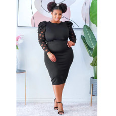 Plus Size Hollow Out Long Sleeve Solid Midi Dress NNWF-7682
