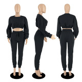 Casual Solid O Neck Short Sweatshirt And Sport Pant Two Piece Set DDF-88189