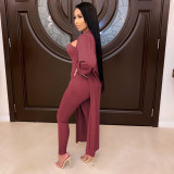 Solid Color Tube Tops Jumpsuit And Long Cardigan Coat Two Piece Set PIN-8712