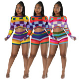 Color Contrast Long Sleeve Crop Pullover And Short 2 Piece Set ME-8227