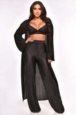 Sexy Solid Sling Crop Tops+Long Coat+Loose Pant 3 Piece Set OSM-4380