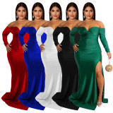 Plus Size Sexy Off Shoulder Solid Color Split Maxi Dress NNWF-7751