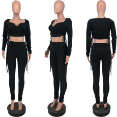 Solid Color Drawstring Bandage Tops And Pant Two Piece Set ANNF-6241