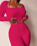 Solid Color Halterl Long Sleeve Pant Two Piece Set YD-8670