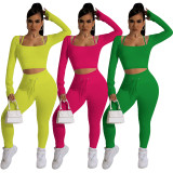 Solid Color Halterl Long Sleeve Pant Two Piece Set YD-8670