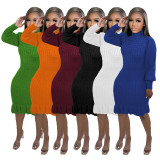 Solid Color Knits Ruffles Sweater Midi Dress TR-1232