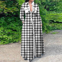 Plus Size Houndstooth Print Long Sleeve Maxi Dress NY-10333