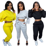 Solid Color Puff Sleeve Sweatshirt And Sport Pant Two Piece Set LSD-83155