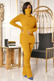Solid Color High Collar Tops And Ruched Pant Two Piece Set OMY-81063