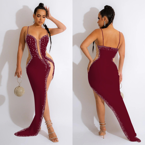 Sexy Mesh Splicing Hot Drilling Sling Irregular Dress BY-6039