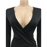 Fashion Solid Color V-neck Long Sleeve Long Dress GFYX-6070