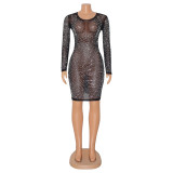Mesh Hot Drilling Long Sleeve Club Mini Dress GOSD-6815