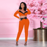 Sexy Off Shoulder V Neck Crop Tops And Slim Pant Two Piece Set YIM-283