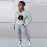 Print Plush Long Sleeve Pullover Tops And Sport Pant Two Piece Set NYF-8127