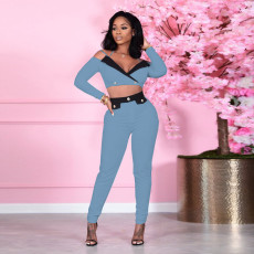 Sexy Off Shoulder V Neck Crop Tops And Slim Pant Two Piece Set YIM-283