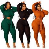 Plus Size Solid Bandage Split Tops And Tight Pant Two Piece Set YNSF-1869