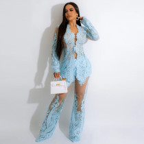 Sexy See-Through Cardigan Tops And Wide Leg Pants Suit CYA-900127