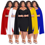 Plus Size Solid Color Shawl Sleeve Slim MidI Dress NNWF-7733