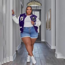 Plus Size Print Rib Color Blocking Baseball Jacket GHF-125