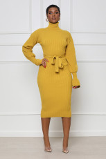 Solid Color High Collar Knits Tie Up Midi Dress TR-1237